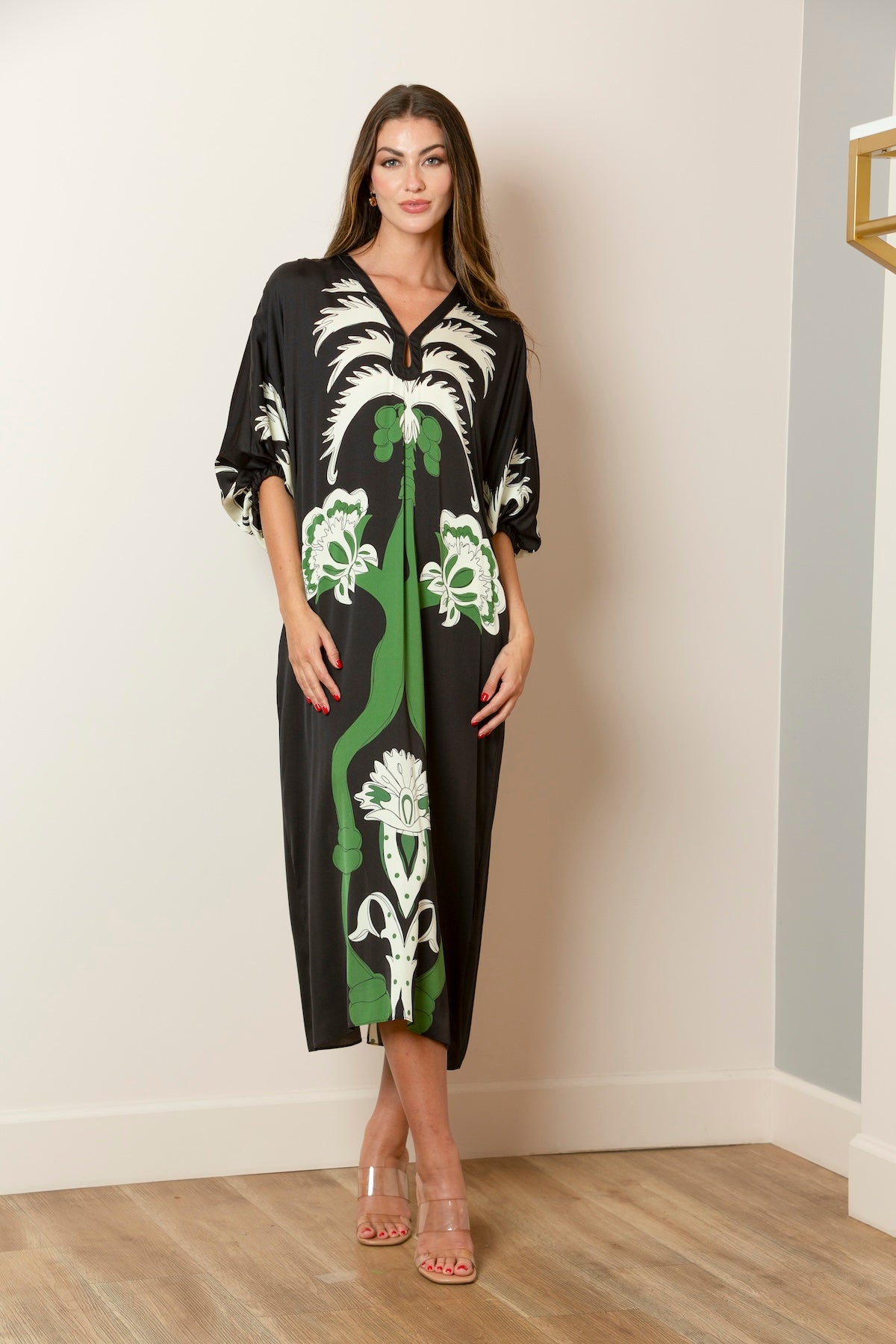 Palm Tree Print Silk Satin Dress