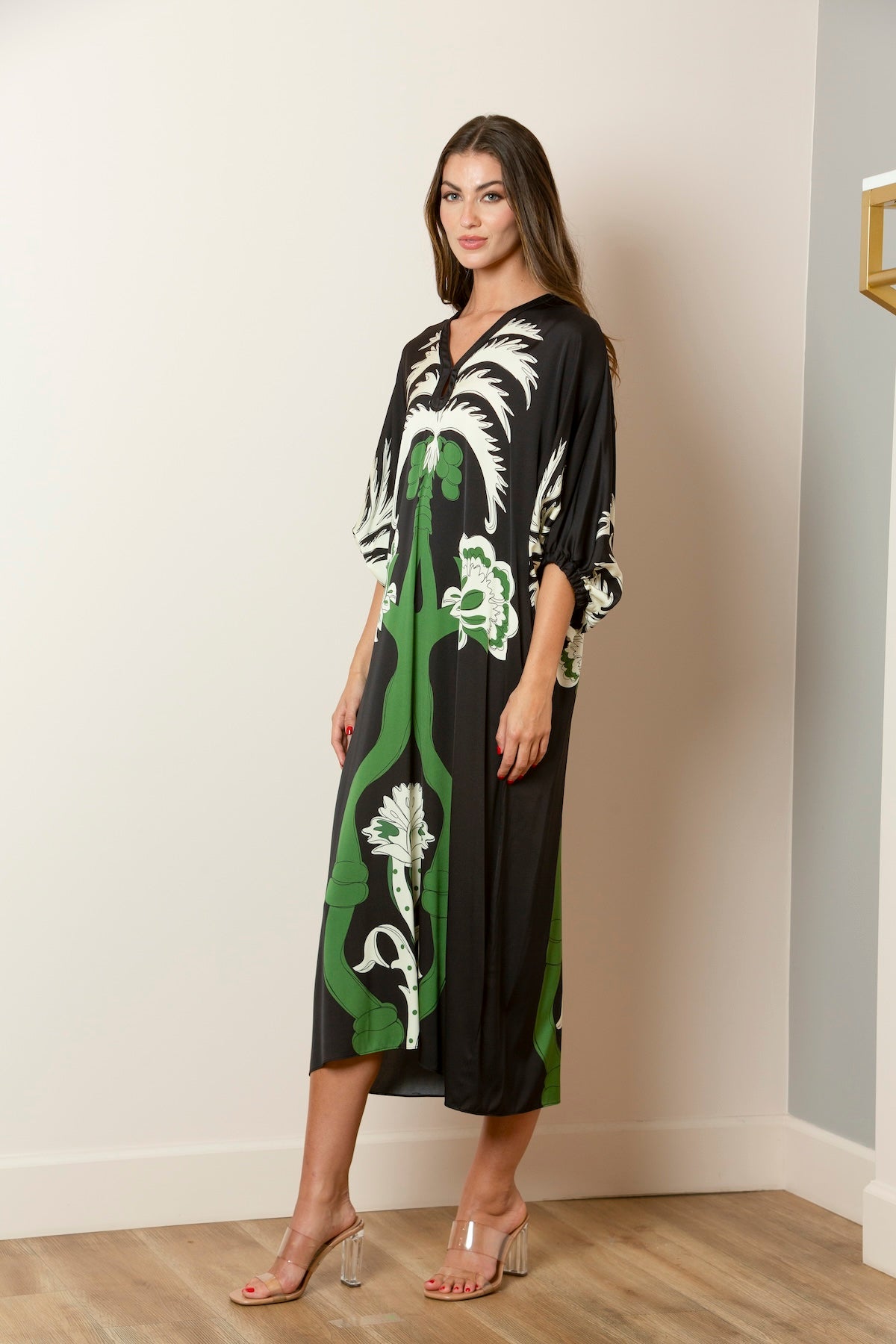 Palm Tree Print Silk Satin Dress