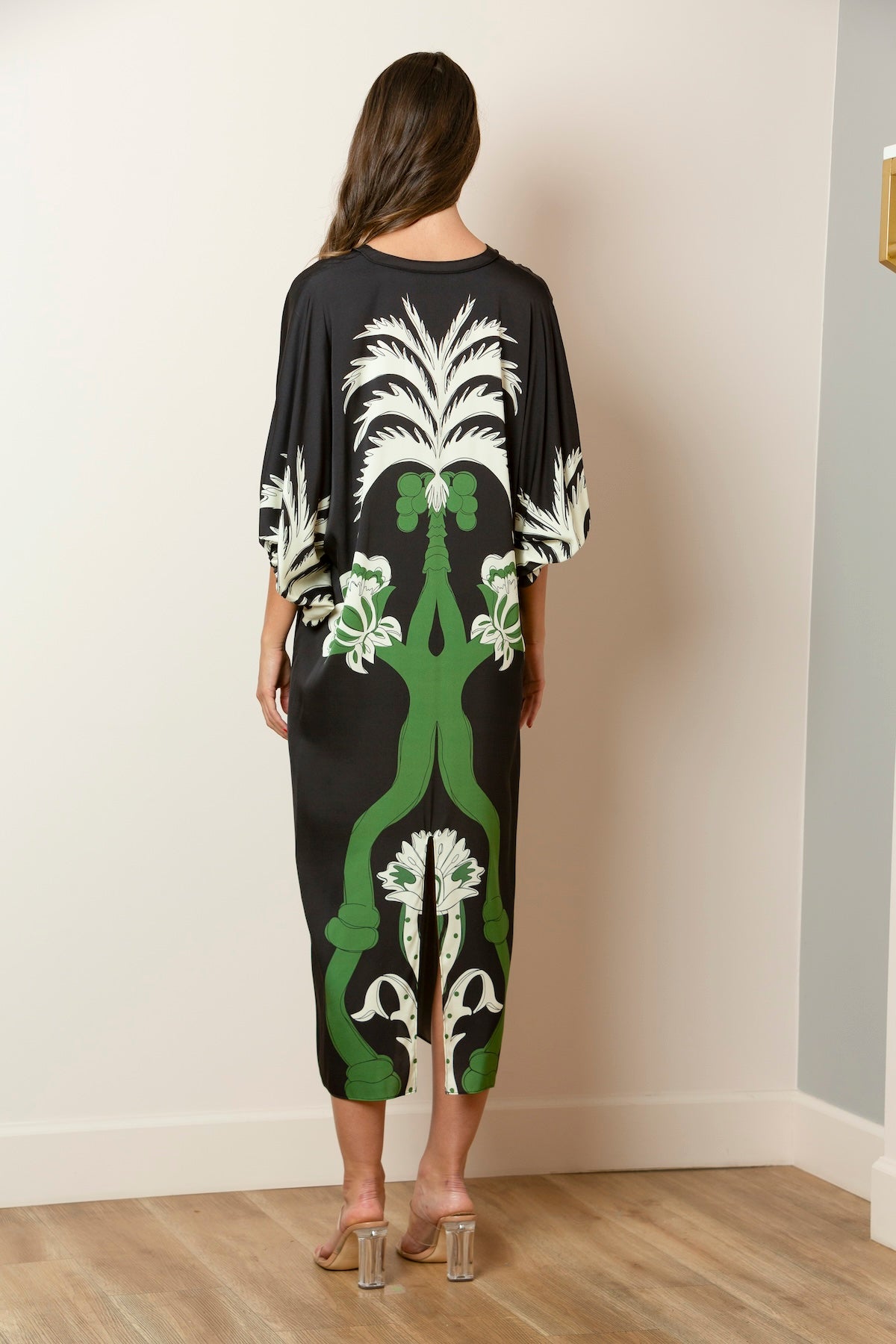 Palm Tree Print Silk Satin Dress