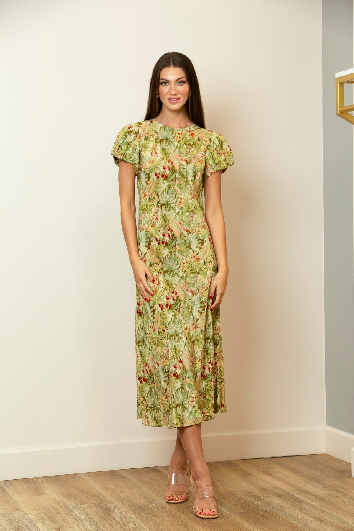 Short Balloon Sleeve Floral Print Silk Dress