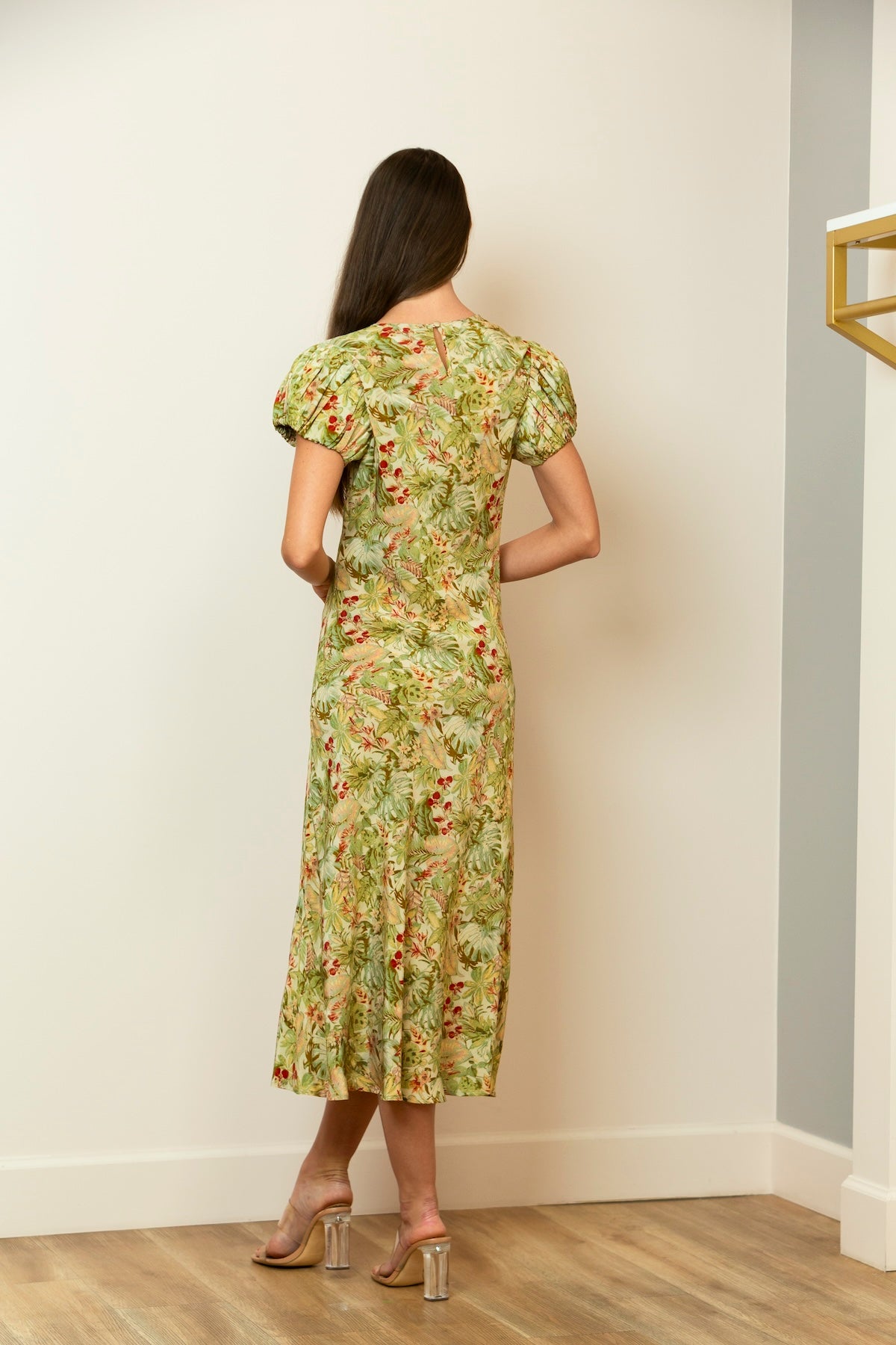 Short Balloon Sleeve Floral Print Silk Dress