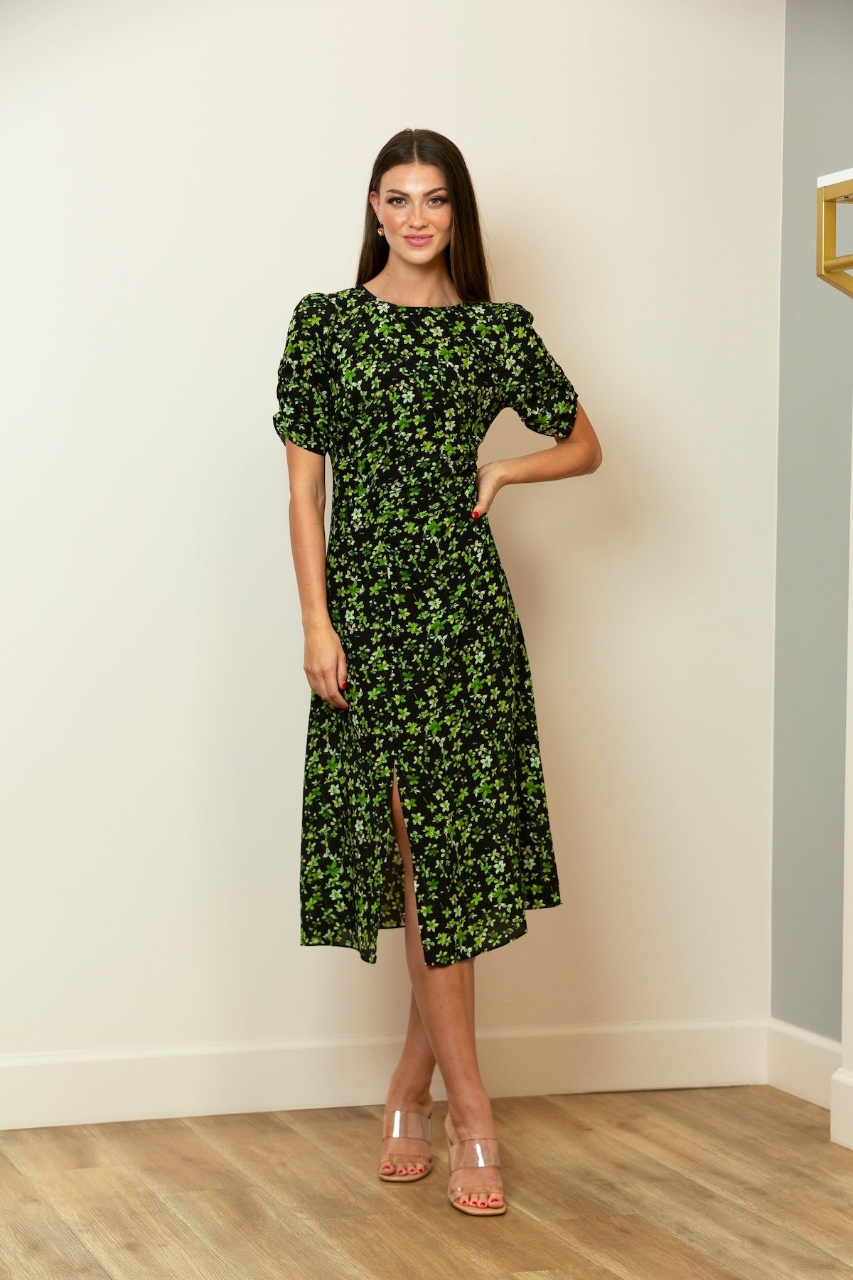 Floral Print Draped Dress with Ruching Sleeves