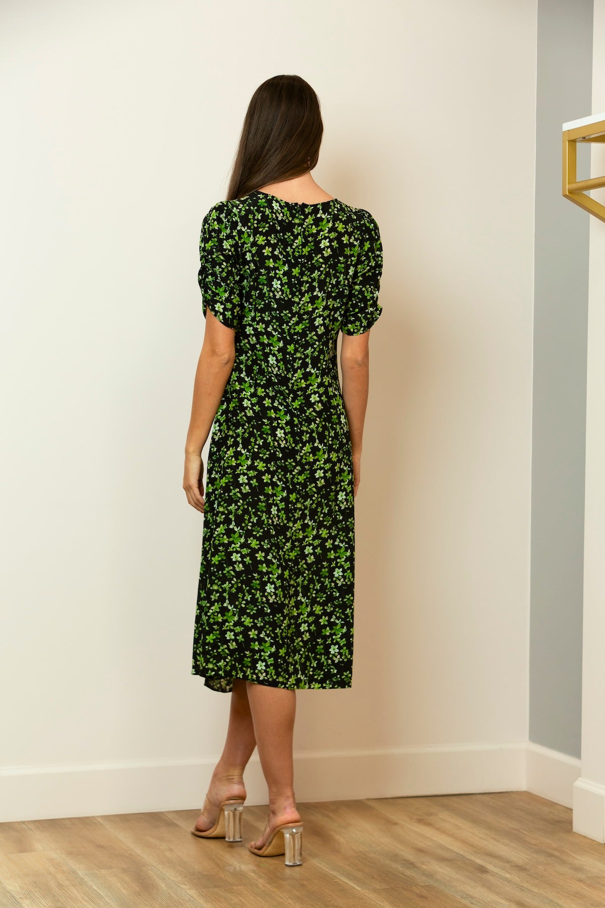 Floral Print Draped Dress with Ruching Sleeves