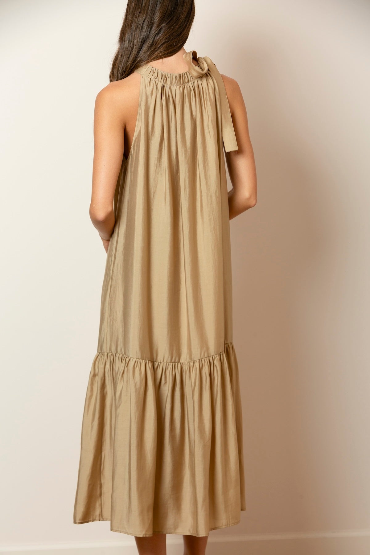 Halter Neck Maxi Dress with Gathered Hem In Beige