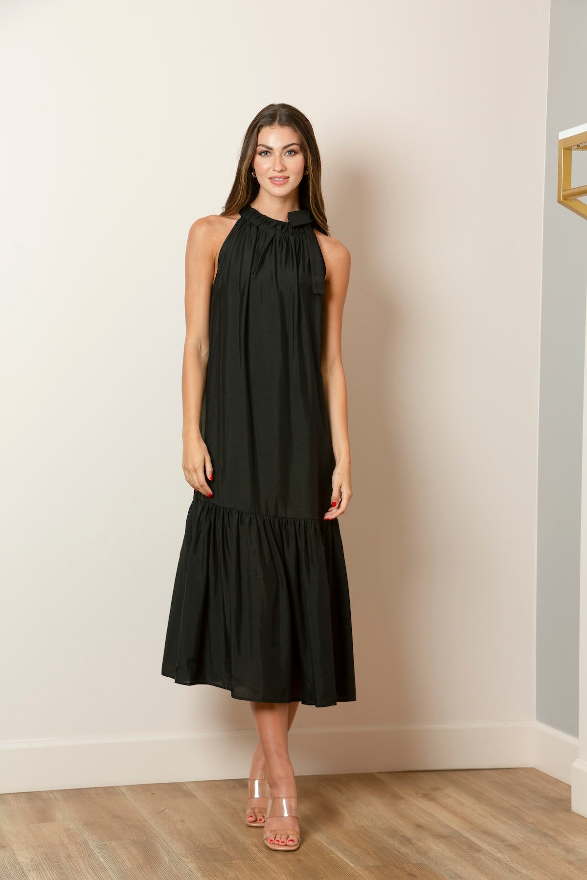 Halter Neck Maxi Dress with Gathered Hem In Black