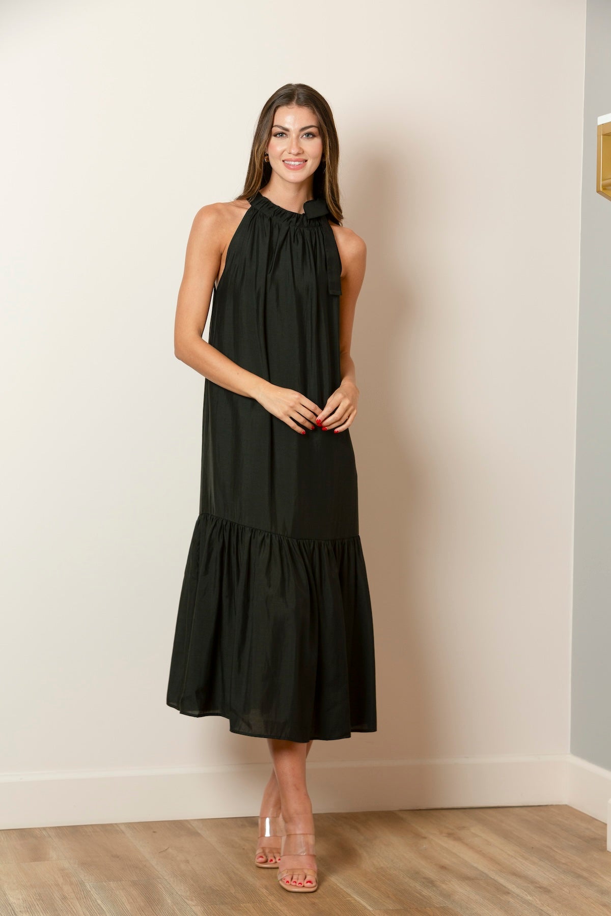 Halter Neck Maxi Dress with Gathered Hem In Black