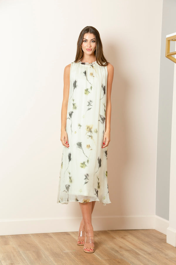 Printed Silk Sleeveless Dress with Gathered Neck In White