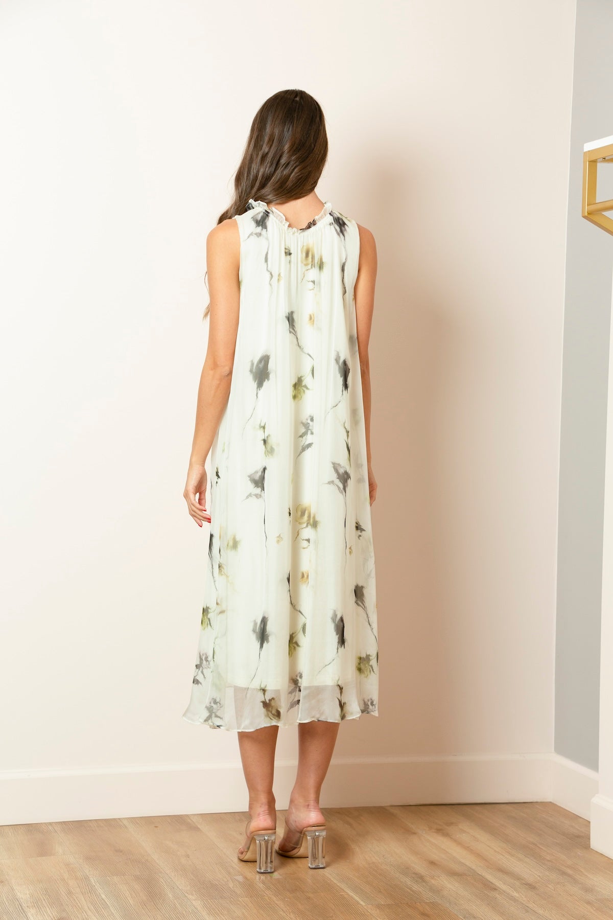 Printed Silk Sleeveless Dress with Gathered Neck In White