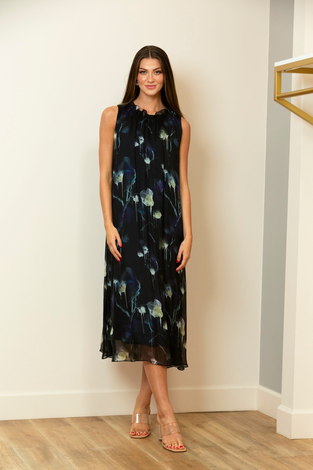 Printed Silk Sleeveless Dress with Gathered Neck In Black