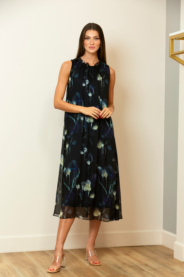 Printed Silk Sleeveless Dress with Gathered Neck In Black