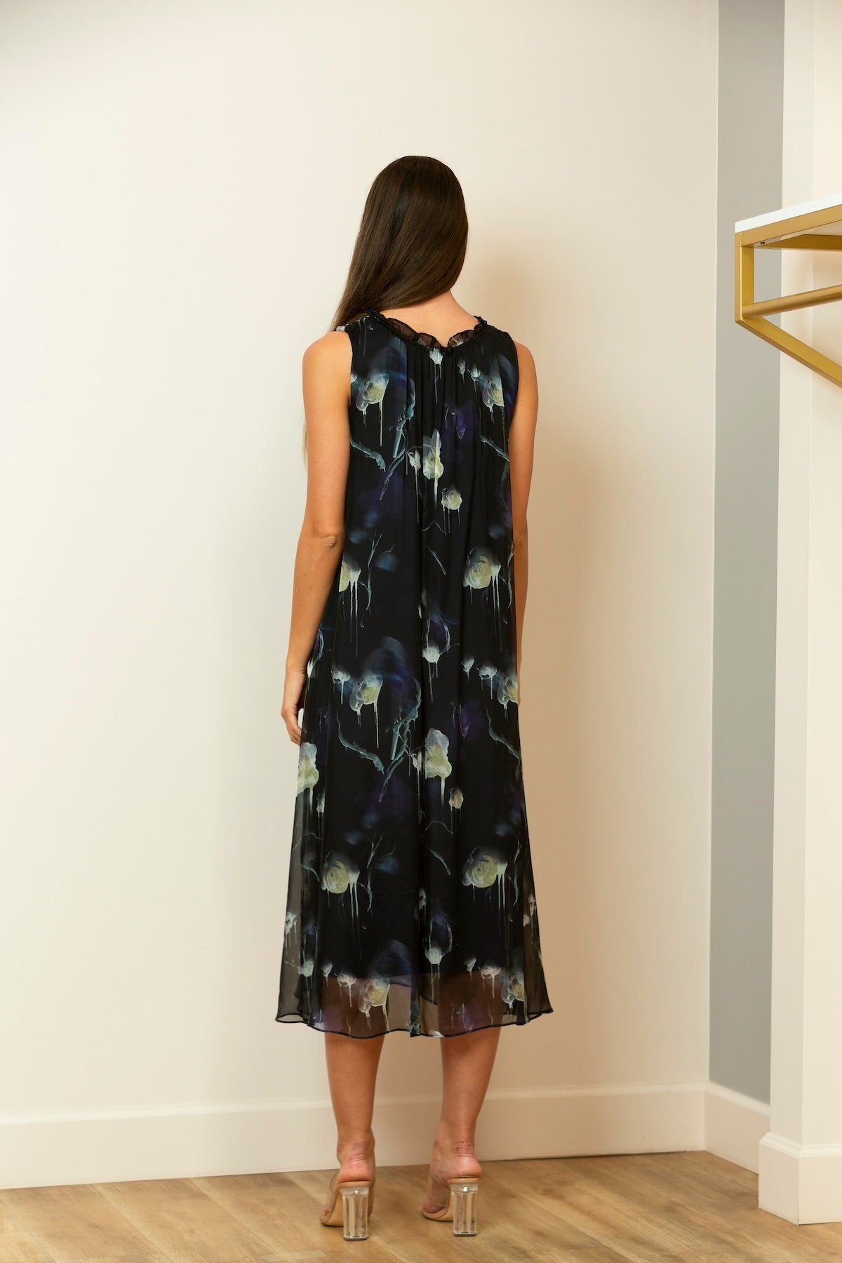 Printed Silk Sleeveless Dress with Gathered Neck In Black