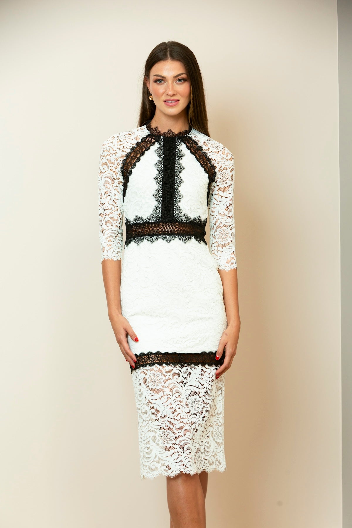 Knee Length Lace Dress With Contrast Insert in White/Black