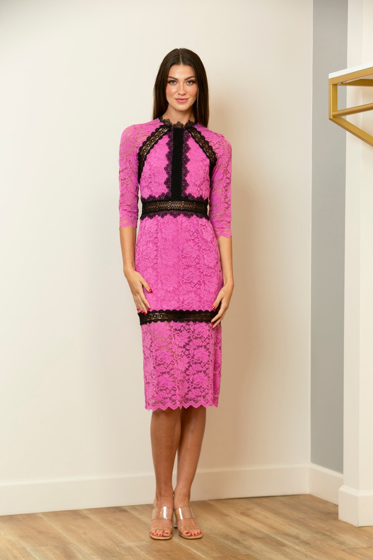 Knee Length Lace Dress With Contrast Insert in Pink/Black