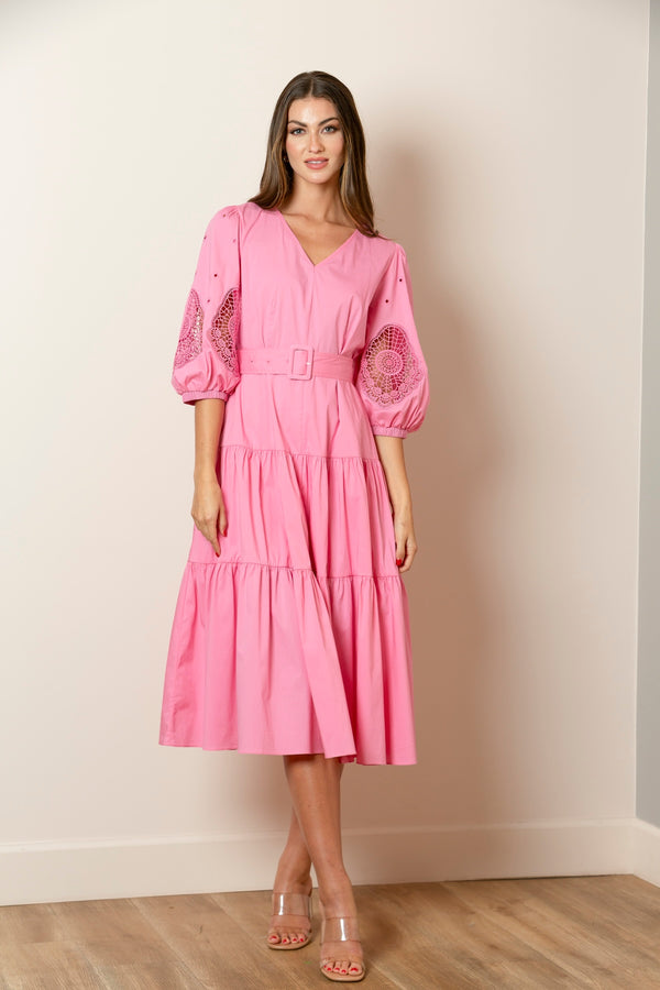 Hannah V-Neck Cotton Dress with Lace Sleeves In Pink