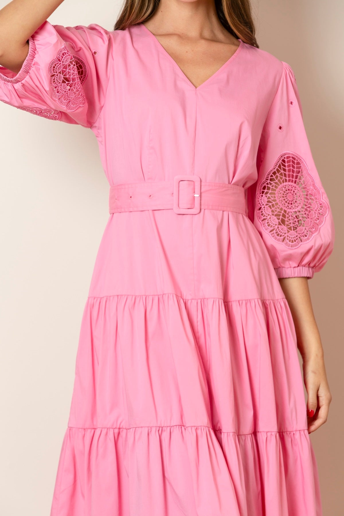 Hannah V-Neck Cotton Dress with Lace Sleeves In Pink