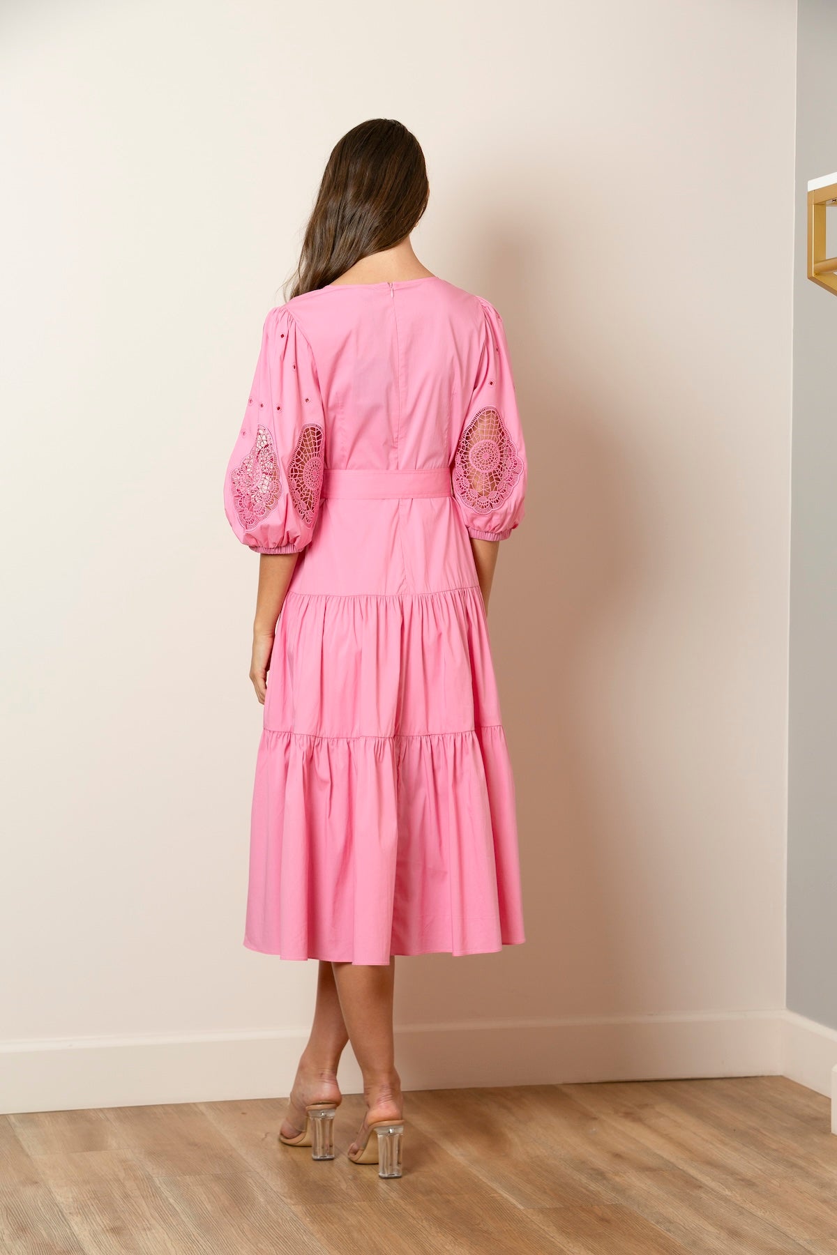 Hannah V-Neck Cotton Dress with Lace Sleeves In Pink