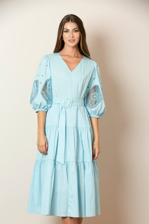 Hannah V-Neck Cotton Dress with Lace Sleeves In Sky Blue