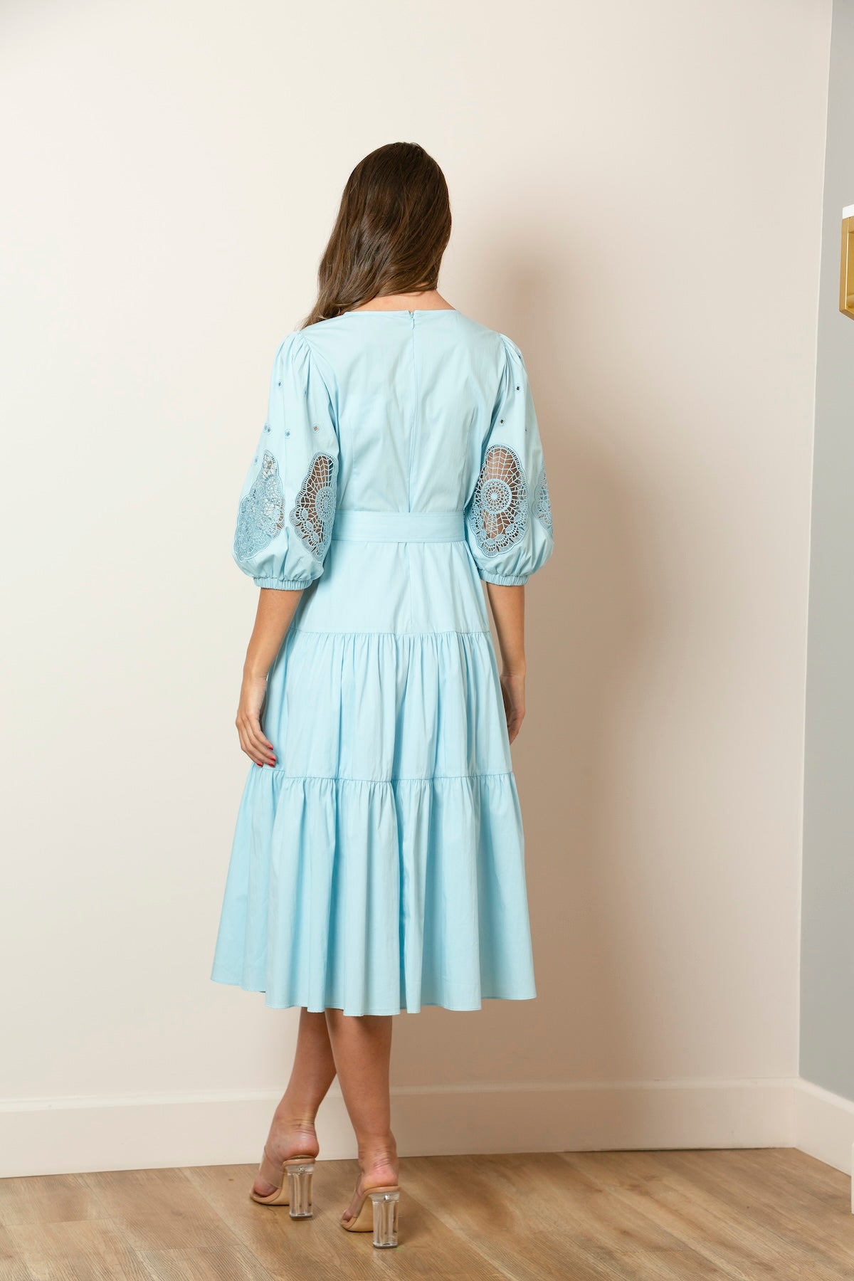 Hannah V-Neck Cotton Dress with Lace Sleeves In Sky Blue