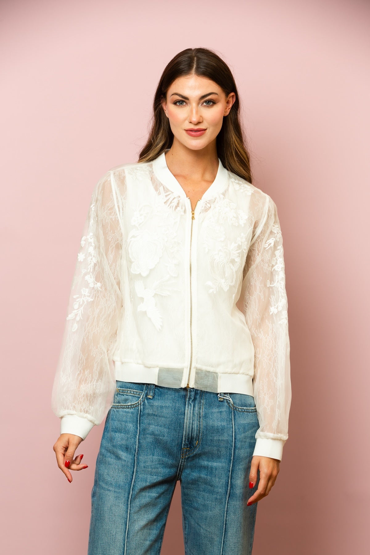 Iris Tulle Lace Combo Bomber Jacket In Ivory