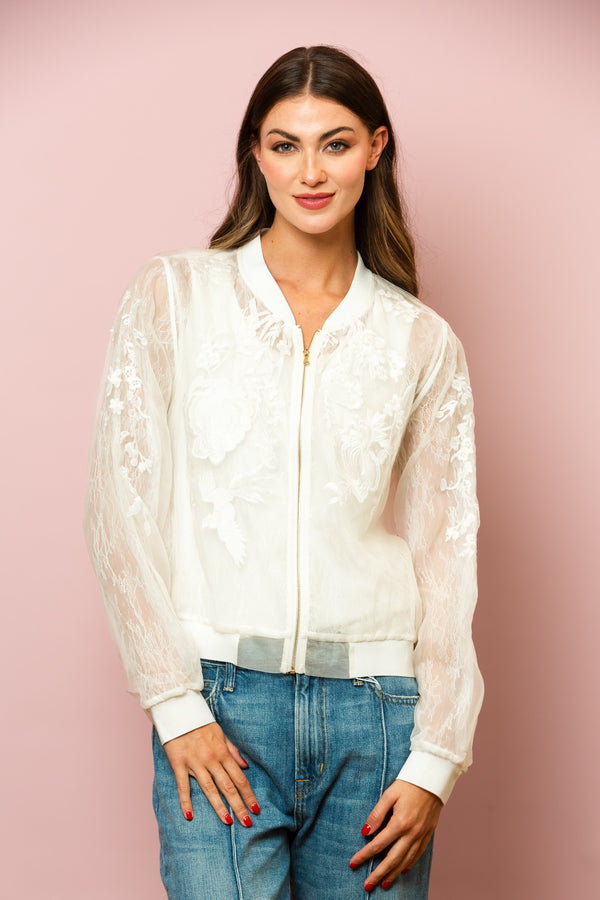 Iris Tulle Lace Combo Bomber Jacket In Ivory