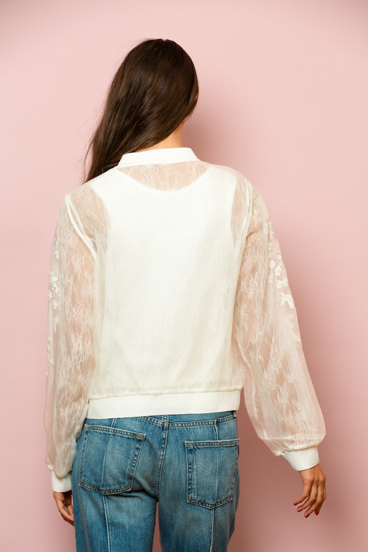 Iris Tulle Lace Combo Bomber Jacket In Ivory