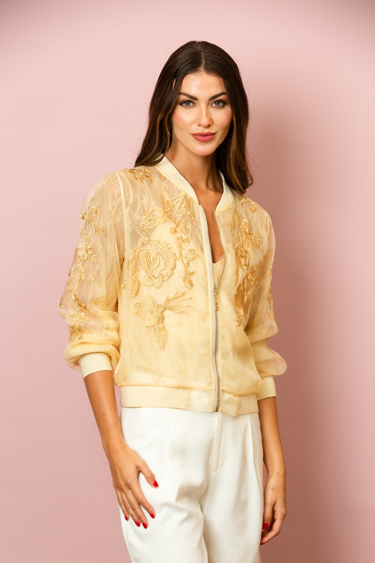 Iris Tulle Lace Combo Bomber Jacket In Champagne