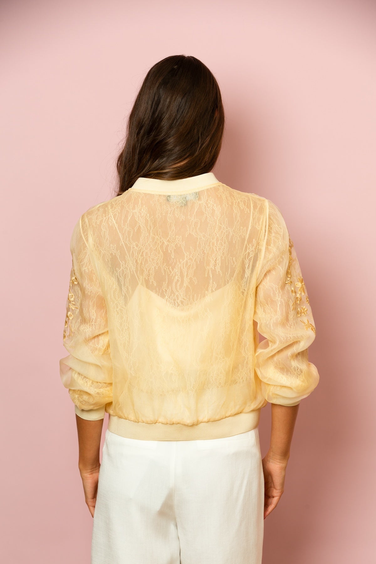 Iris Tulle Lace Combo Bomber Jacket In Champagne