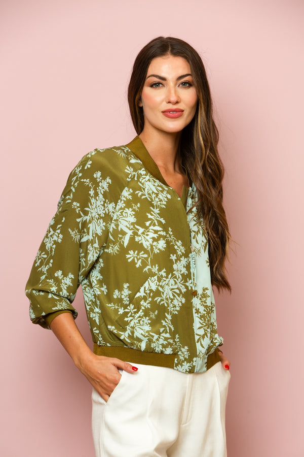 Floral Print Silk Bomber Jacket In Olive Green/Teal