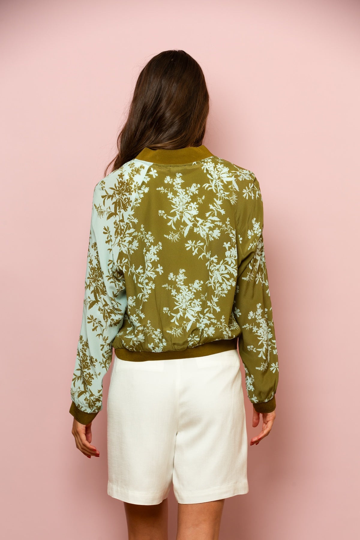 Floral Print Silk Bomber Jacket In Olive Green/Teal