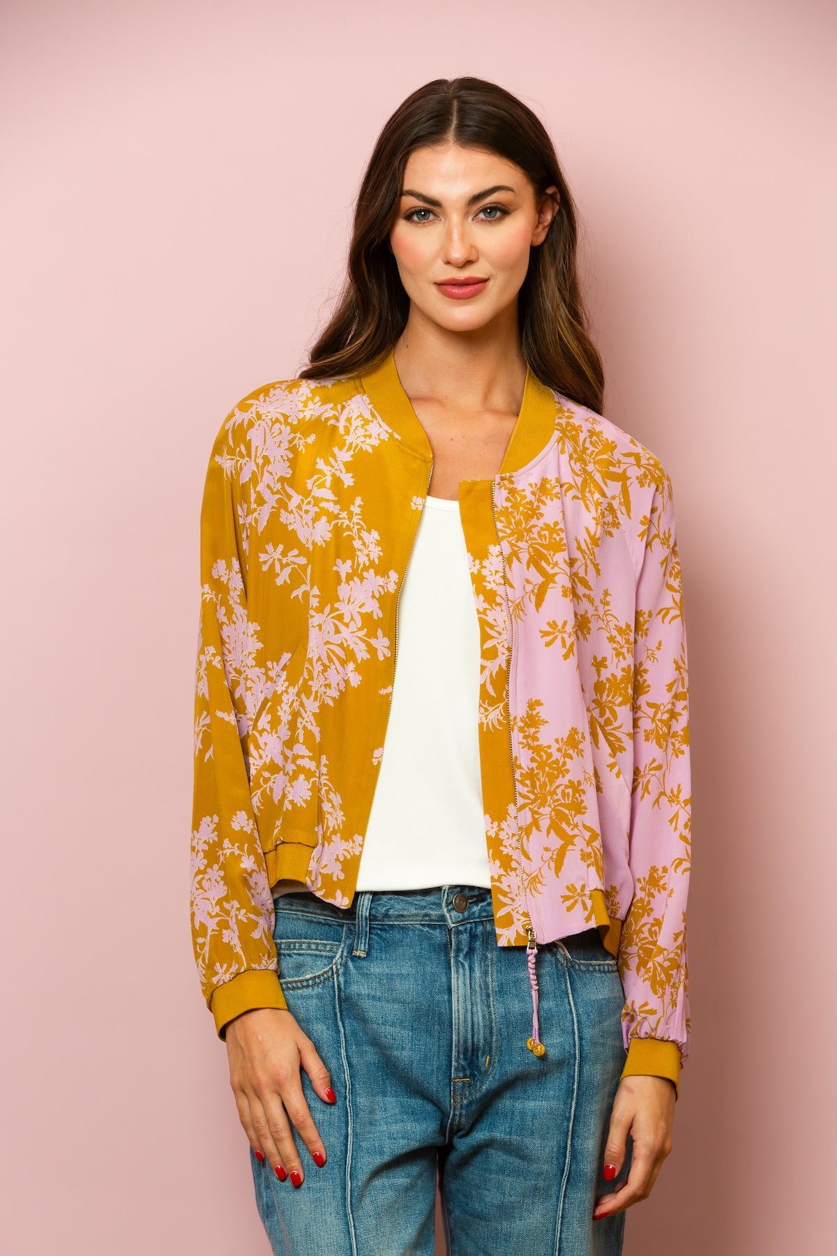 Floral Print Silk Bomber Jacket In Olive Green/Teal