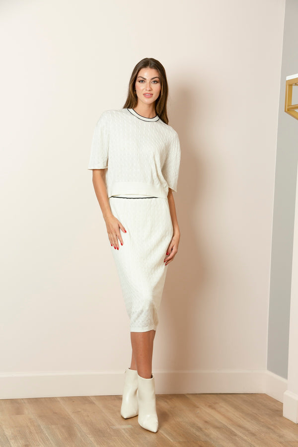 Merino Wool Silk Blend Cable Knit Skirt In Ivory