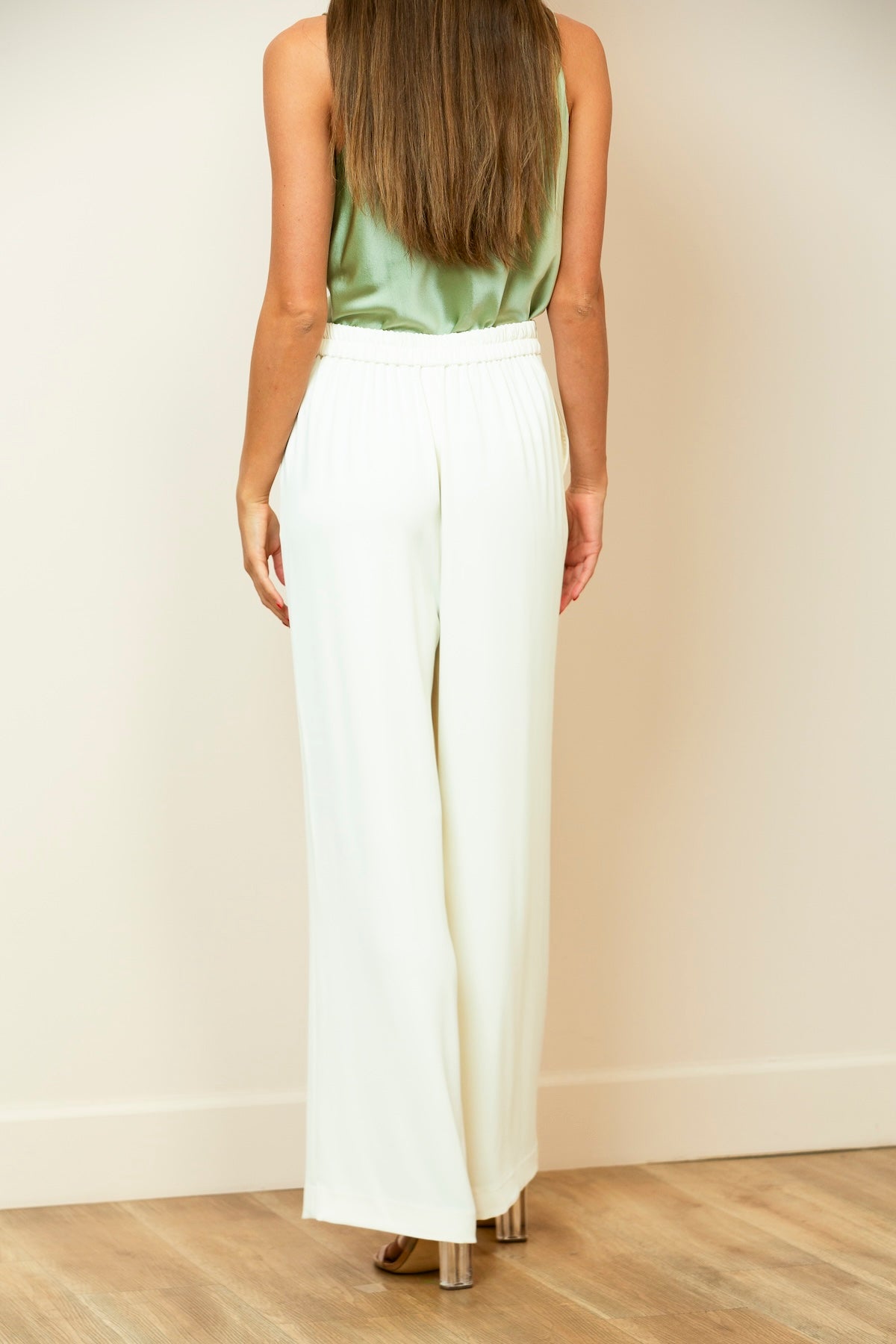 Pintuck Wide-Leg Pants with Elastic on the Back Waist In Ivory