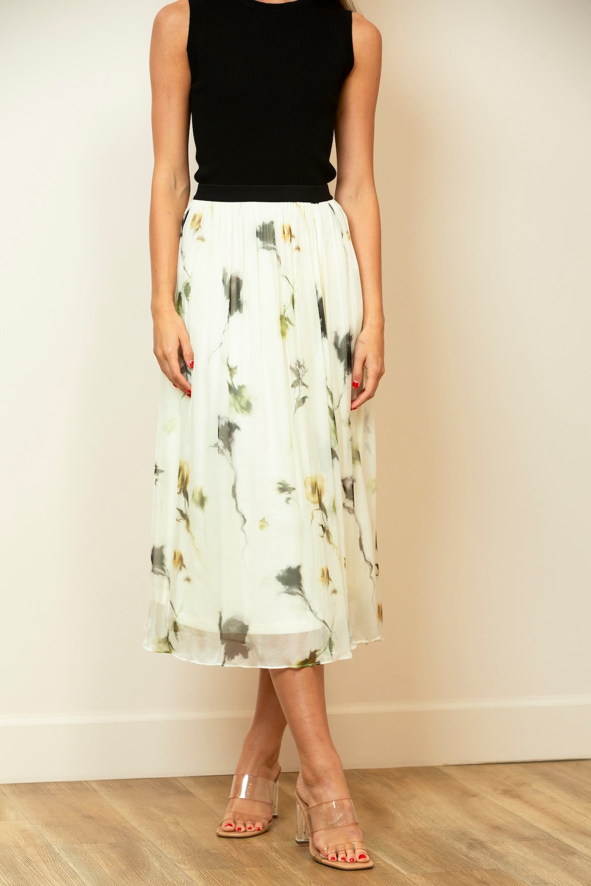 Printed Silk Gather Skirt In Black/Multi