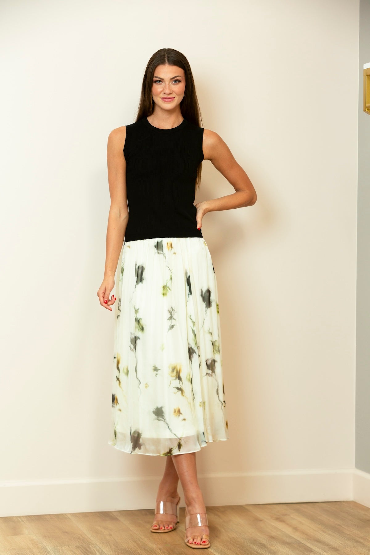 Printed Silk Gather Skirt In White/Multi