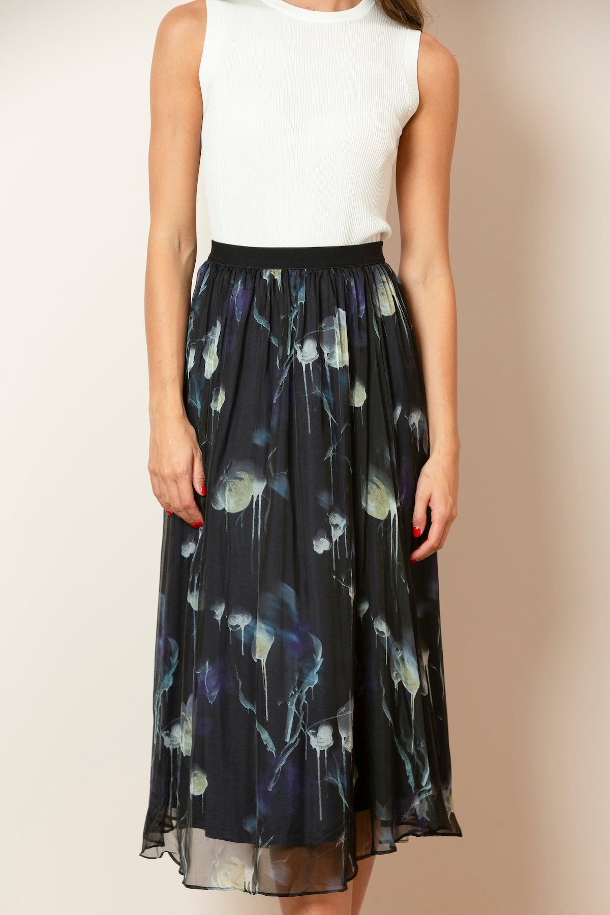 Printed Silk Gather Skirt In Black/Multi