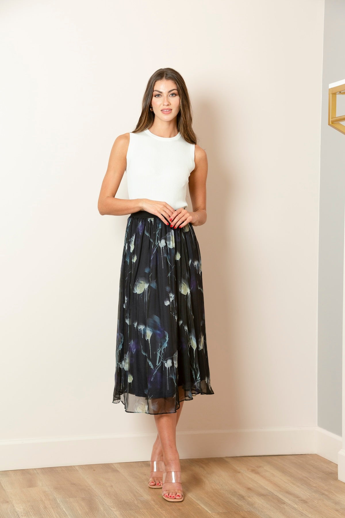 Printed Silk Gather Skirt In Black/Multi