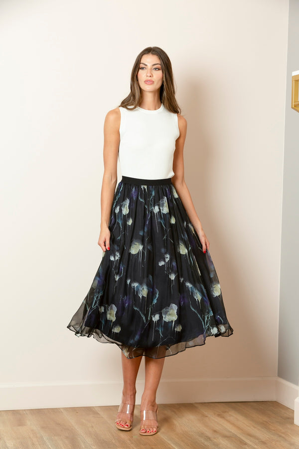 Printed Silk Gather Skirt In Black/Multi