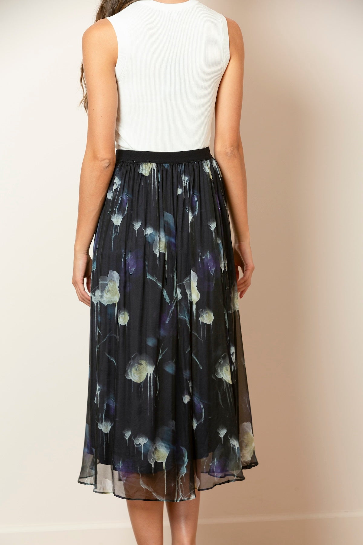 Printed Silk Gather Skirt In Black/Multi