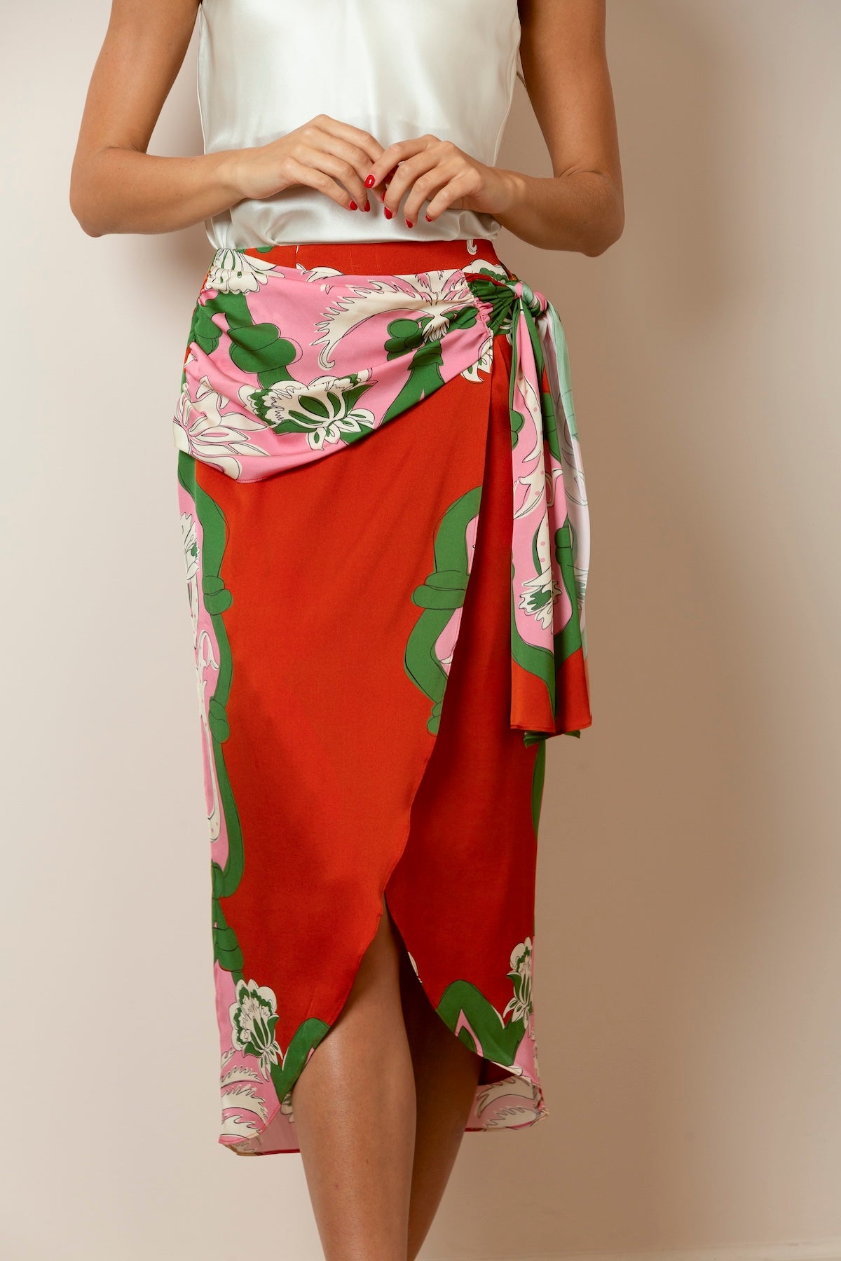 Printed Silk Wrap Skirt In Persimmon/Pink