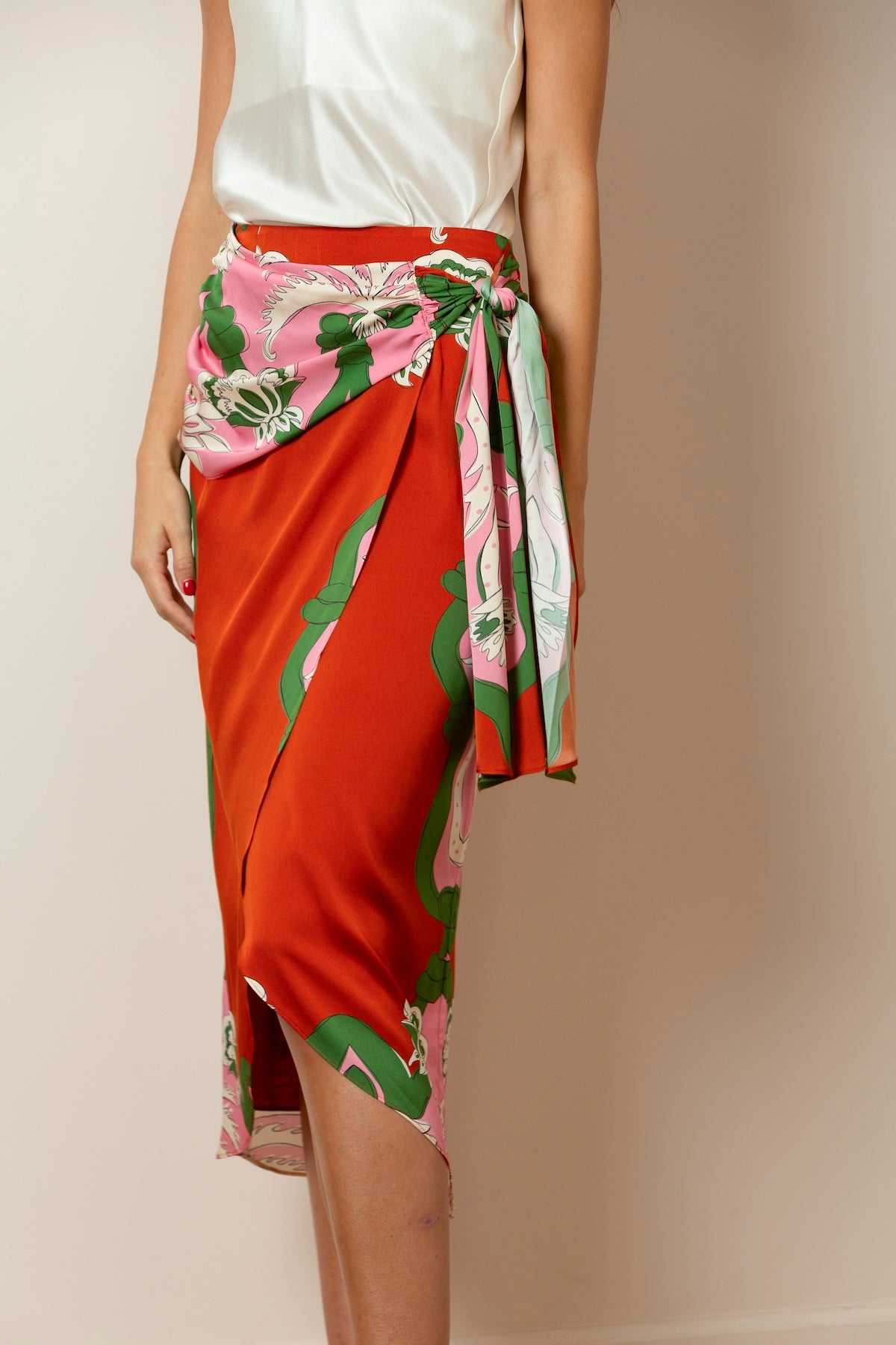 Printed Silk Wrap Skirt In Persimmon/Pink