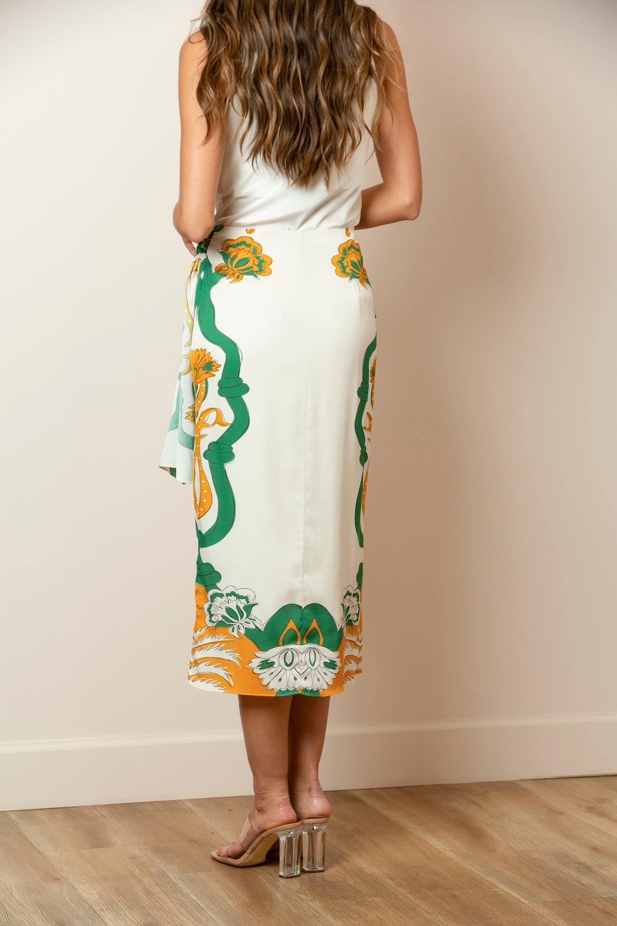 Printed Silk Wrap Skirt In Ivory/Mustard