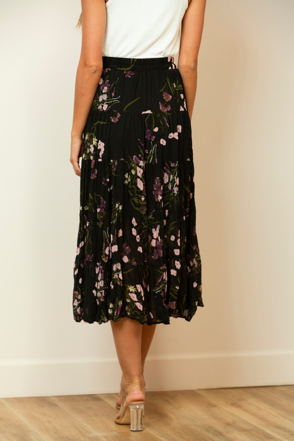 Floral Print Crinkle Skirt In Black/Pink