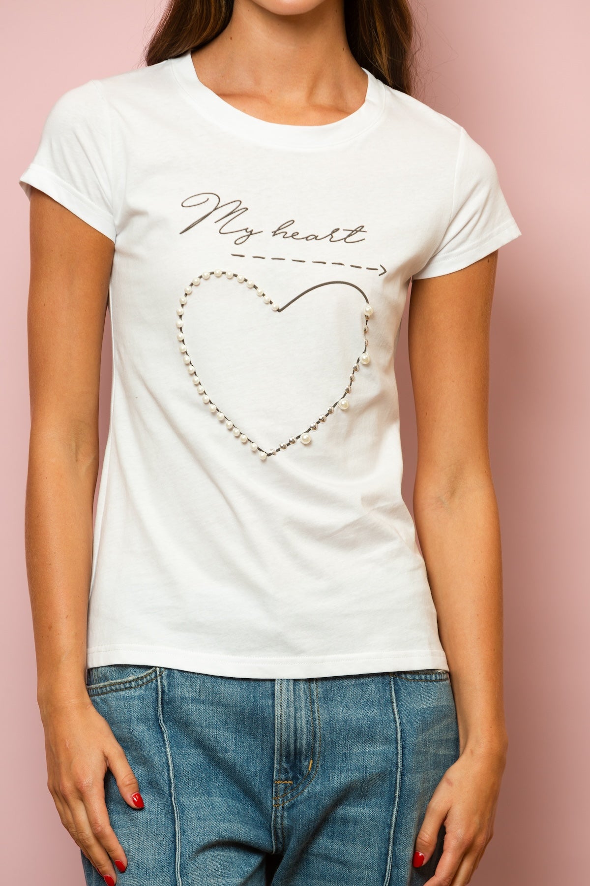 "My Heart" 100% Cotton T-shirt with Pearl Beaded Heart Print