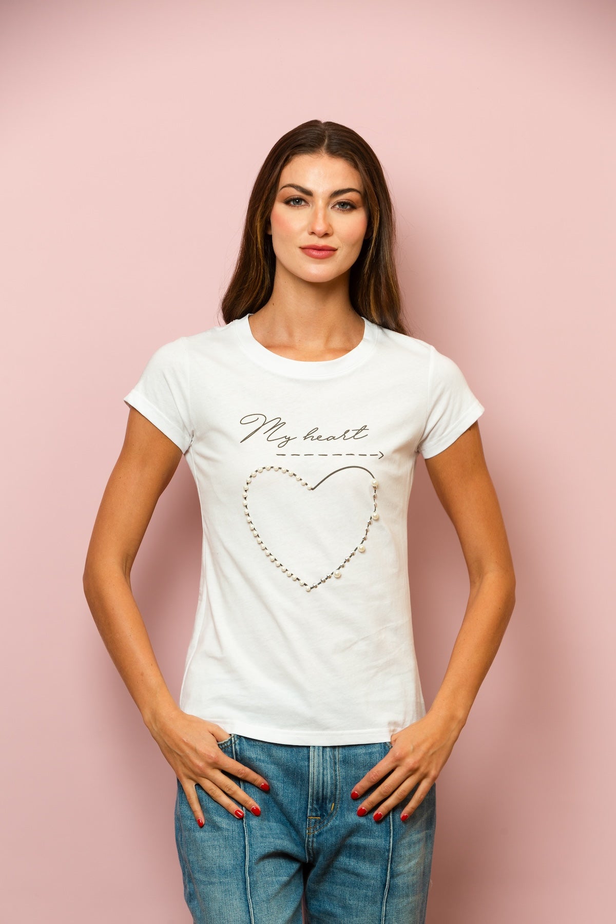 "My Heart" 100% Cotton T-shirt with Pearl Beaded Heart Print