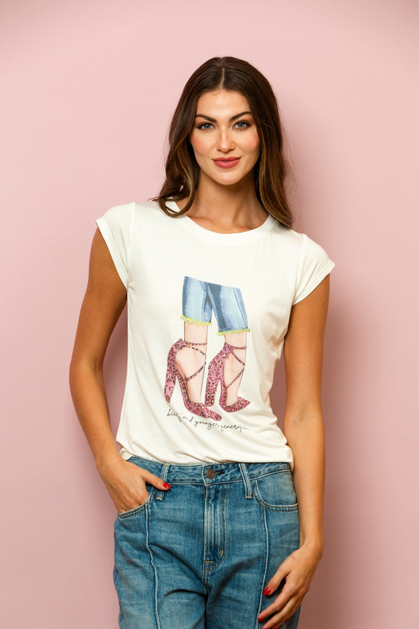 100% Cotton T-Shirt with Rhinestone Embellished Shoes Print