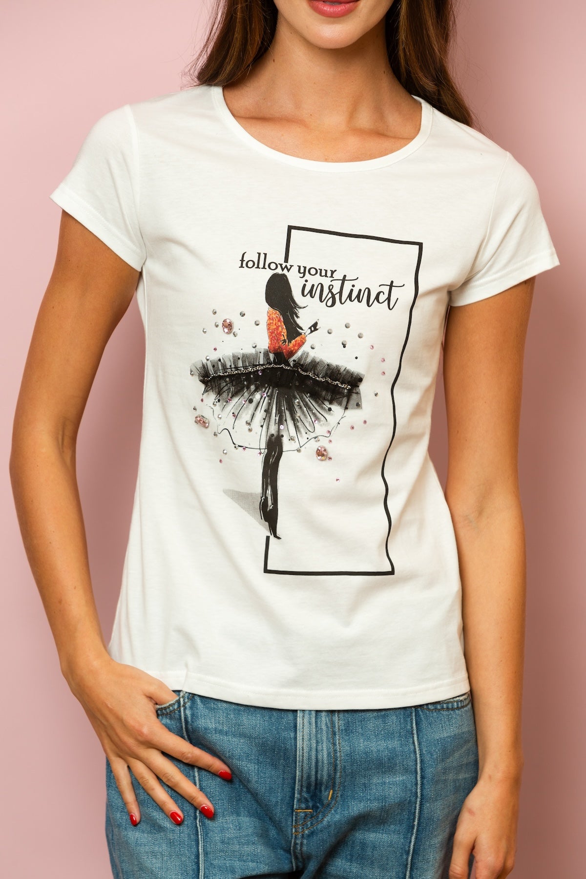 "Follow Your Instinct" 100% Cotton T-Shirt with Rhinestone and Tulle Embellished Girl Print In White