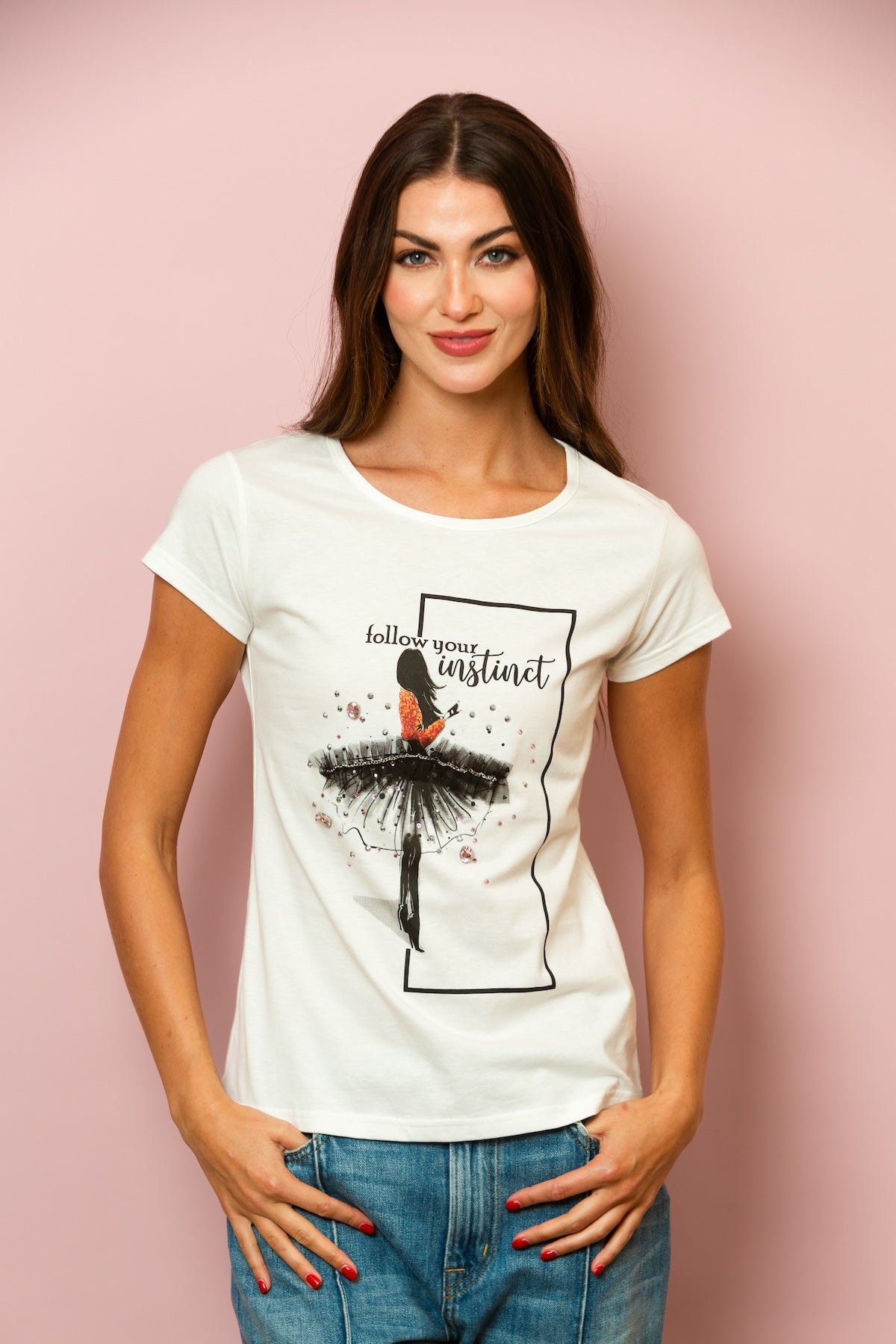 "Follow Your Instinct" 100% Cotton T-Shirt with Rhinestone and Tulle Embellished Girl Print In White