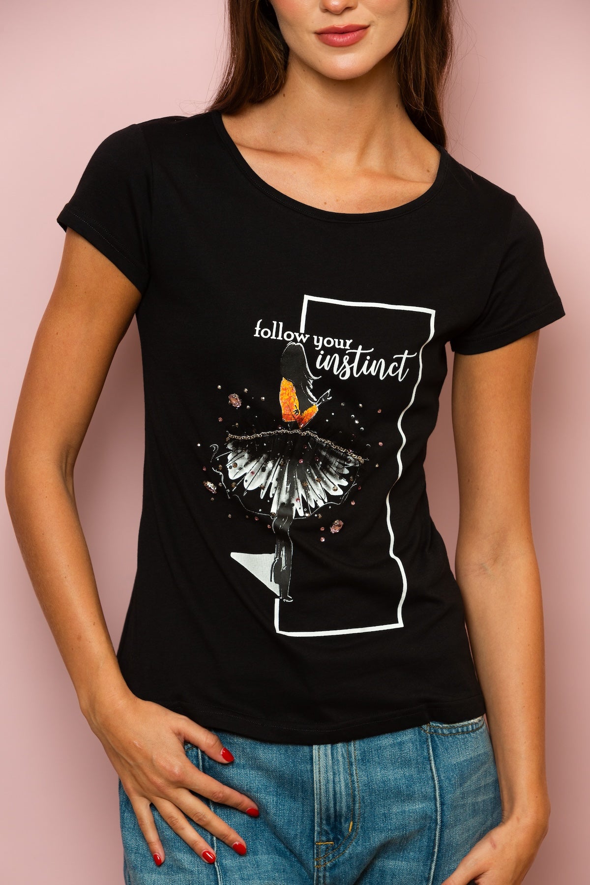 "Follow Your Instinct" 100% Cotton T-Shirt with Rhinestone and Tulle Embellished Girl Print In Black