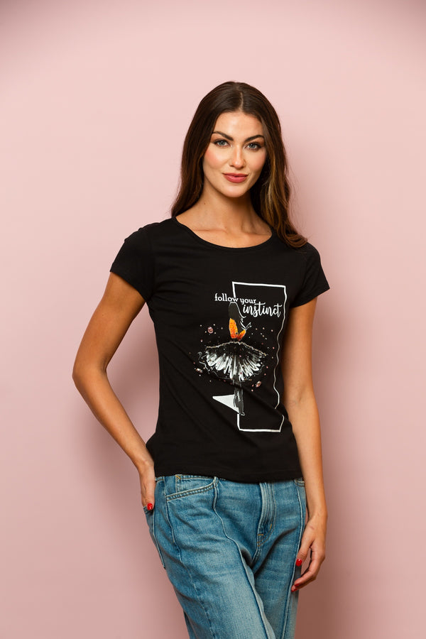 "Follow Your Instinct" 100% Cotton T-Shirt with Rhinestone and Tulle Embellished Girl Print In Black