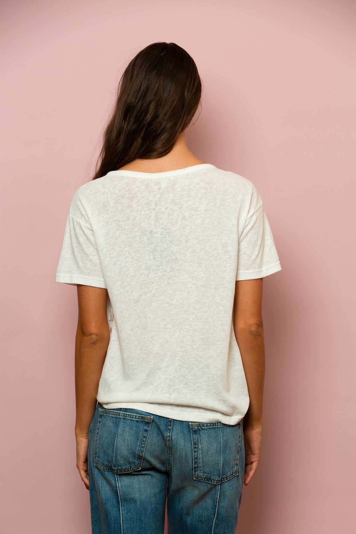 100% Linen T-Shirt with Fringe W/ Sparkles In White